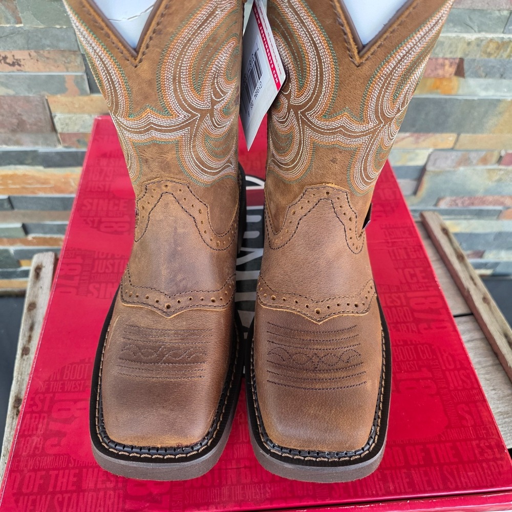 Justin Boots INJI Brown Water Buffalo Wide Square Toe Boots Size 6.5B GY9984 NEW - Picture 4 of 16